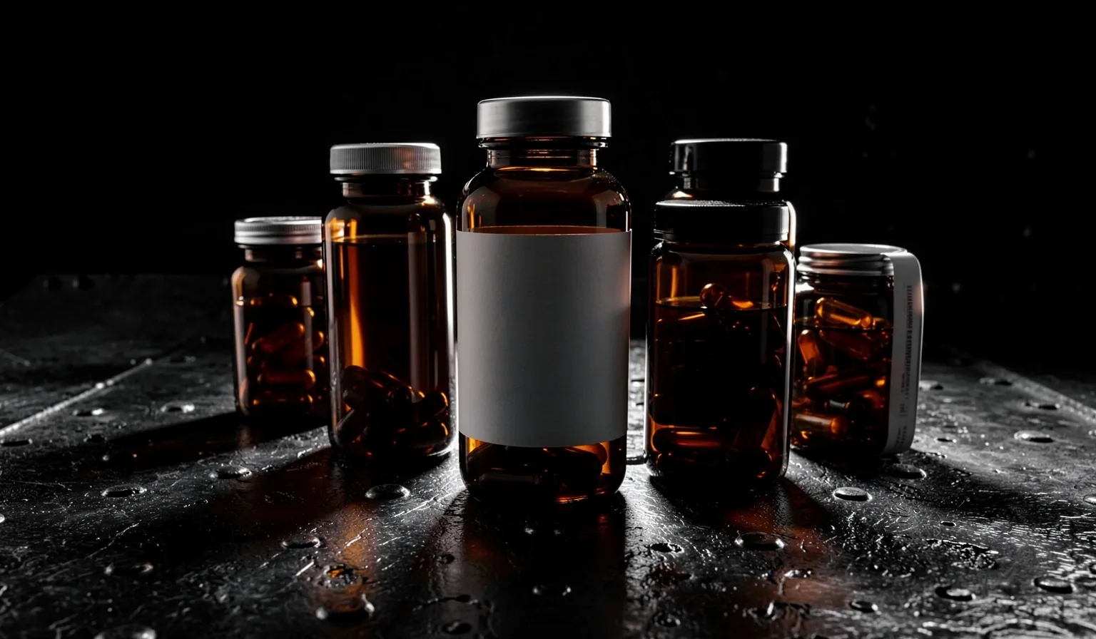 Dark glass supplement bottles on industrial surface