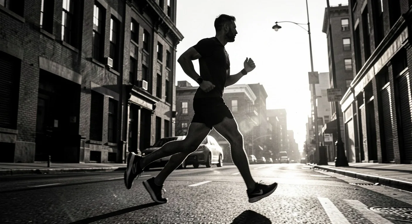 Man running in urban setting at dawn